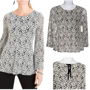 Chico’s Burnout Jacquard Top Long Sleeve Black White Floral Size 1/US Medium NWT